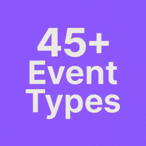 WordPress event tracking events dashboard showing 45+ tracking events.