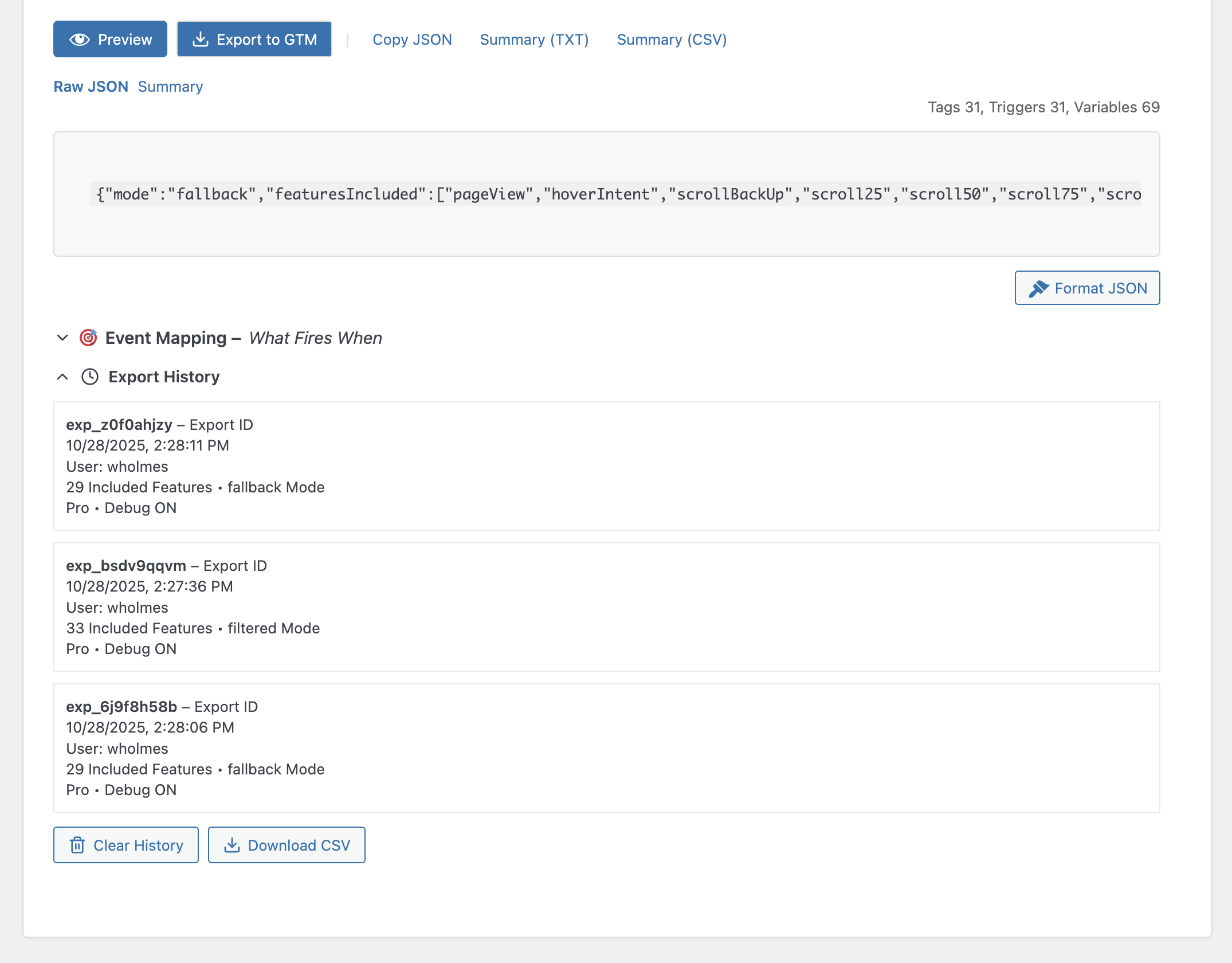 WordPress analytics plugin with GTM export history and version control