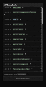 WordPress DataLayer tracking debug overlay showing real-time event monitoring with engagement metrics, form tracking, e-commerce events, and session summaries