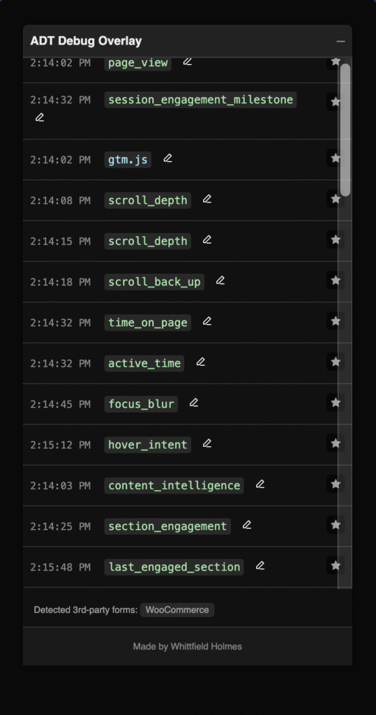 WordPress event tracking tutorial showing debug overlay with firing events