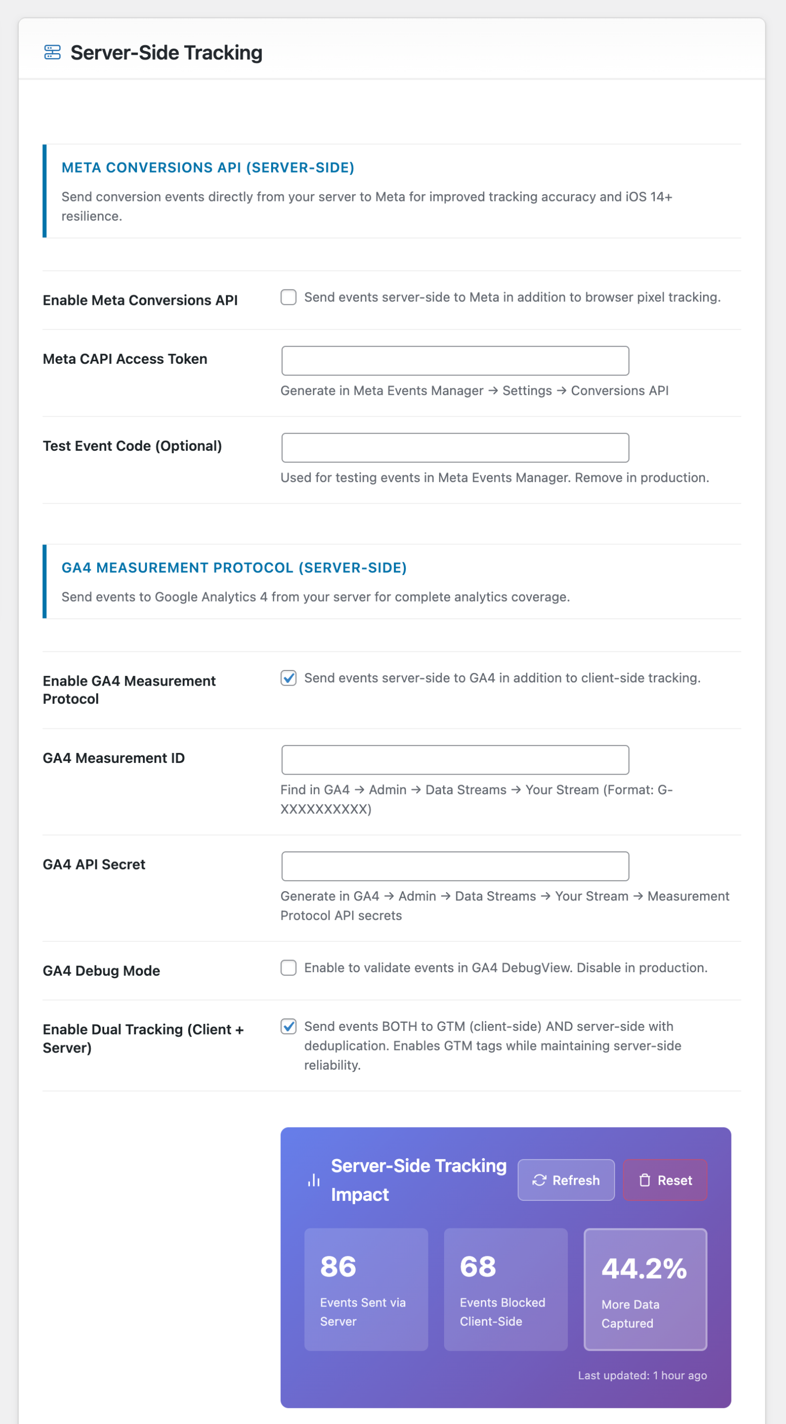 WordPress server-side tracking dashboard for GA4 and Meta CAPI