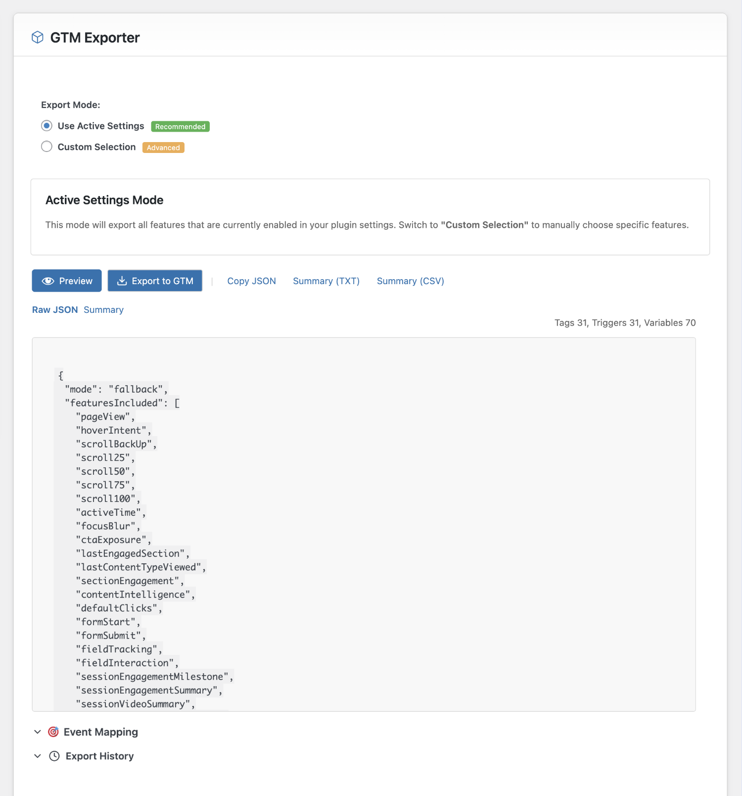 google tag manager container exporter settings