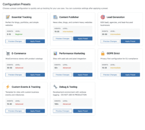 Datalayer Tracker for WordPress Presets Page 